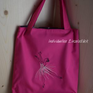 Kleiner Einkaufsbeutel aus pinker Baumwolle bestickt mit einer Ballerina